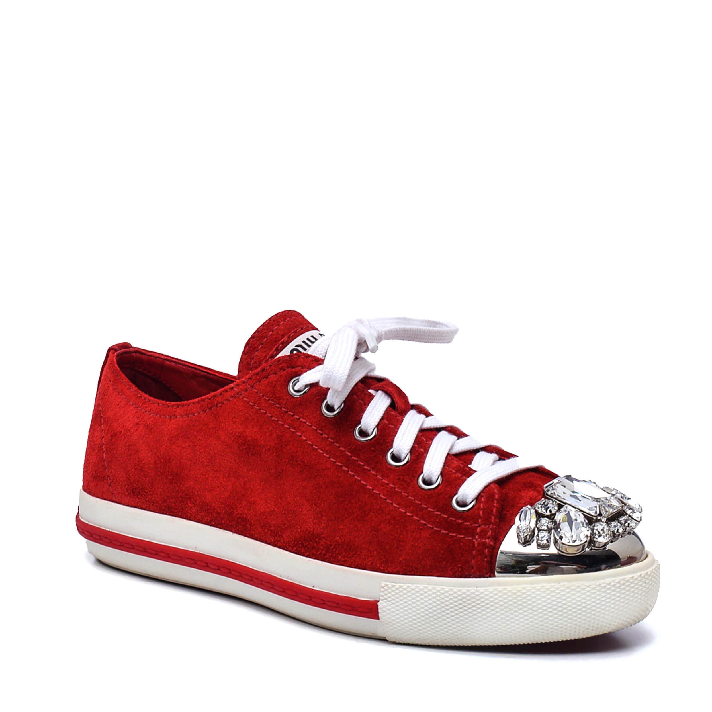 Miu Miu - Red Suede Crystal Studded Sneakers /38